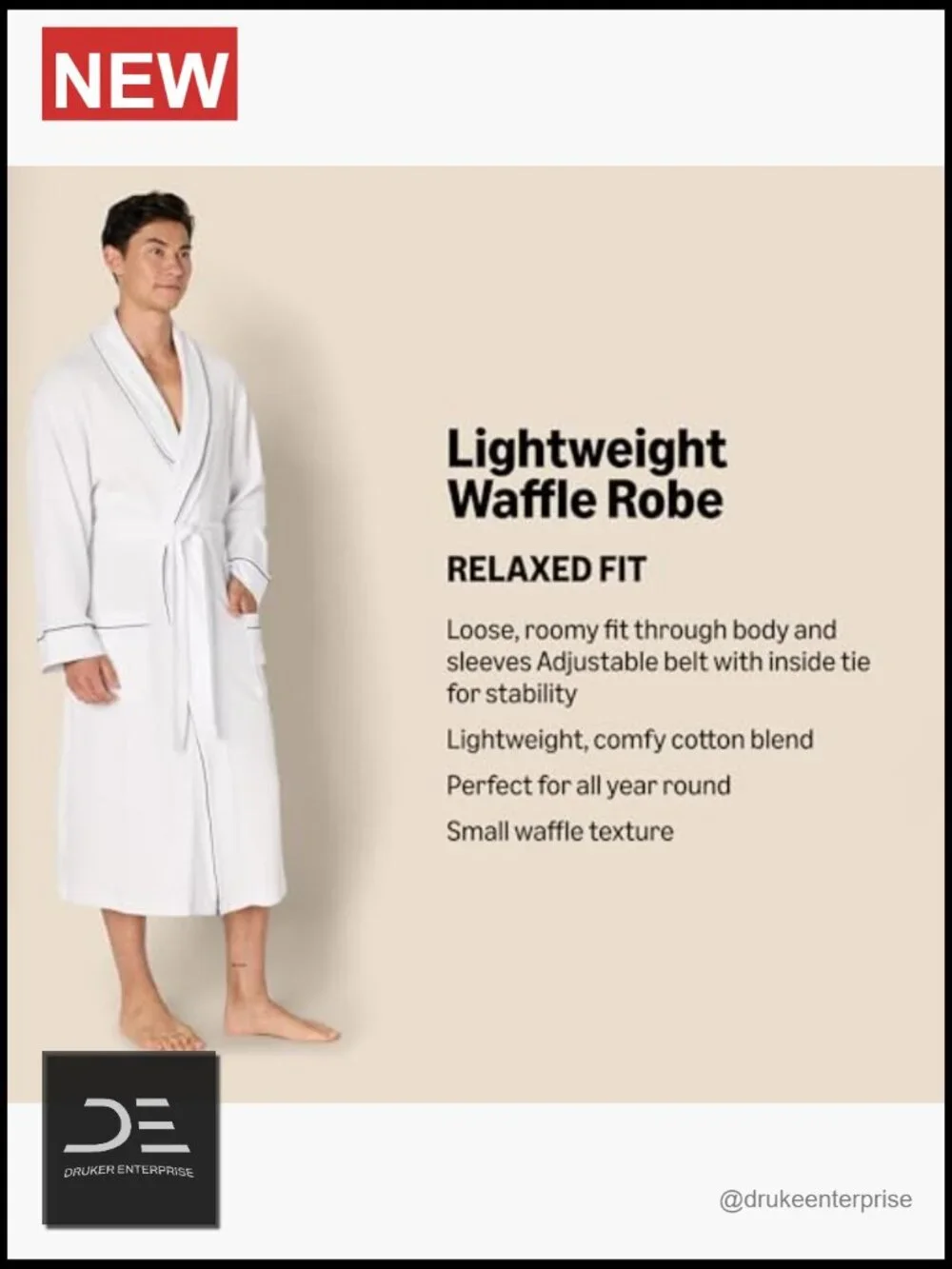 Men's Lightweight Cotton Waffle Bathrobe Big & Tall Relaxed Fit